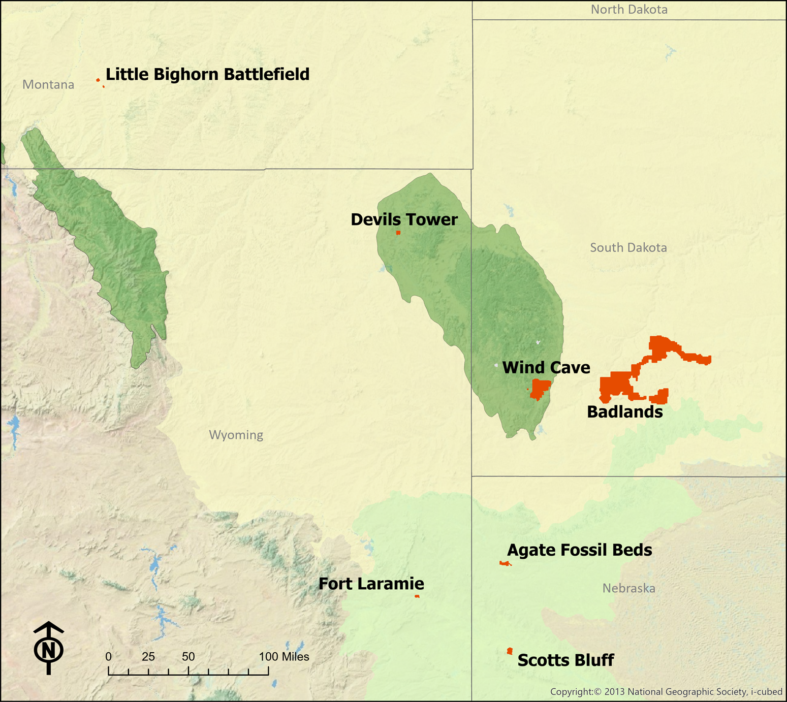 A map of Wyoming, South Dakota, Nebraska, and Montana