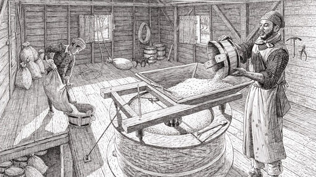 Black ink artistic sketch of man of African descent pouring grain into a milling apparatus inside a wooden clapboard room. A younger boy of African descent pours grain into a wooden tub in the background while a cat walks along the back wall.