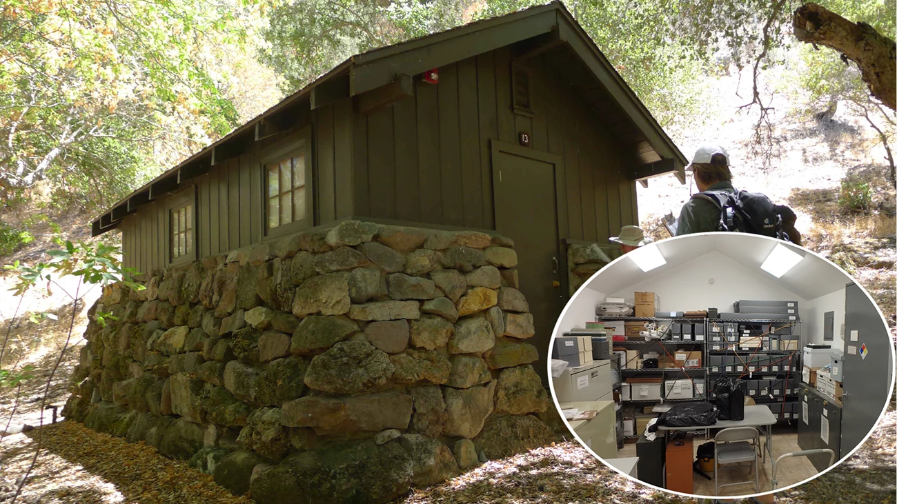 Pinnacles museum storage Rustic stone cabin in woods with inset of interior of building. Shelves holding museum archives