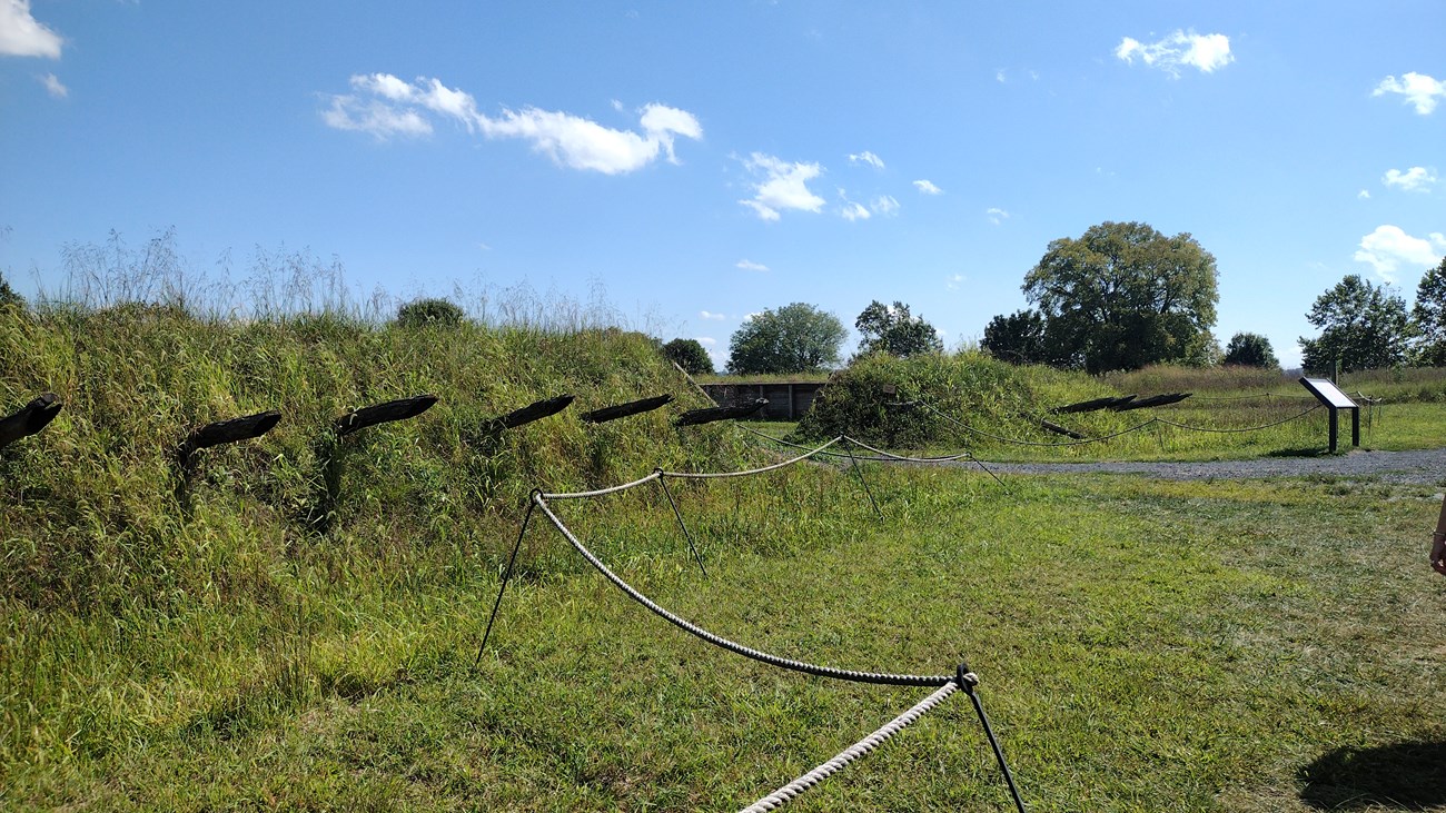 A grassy mount with wooden sharp logs sticking out of it.