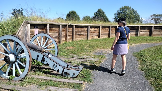 A person examines a cannon outside