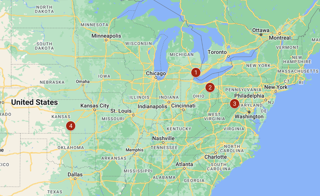 Places of Disabled Defense Workers on the World War II Home Front map Map of the eastern and midwestern United States from North Dakota to northern Texas and western Maine to Georgia. Major highways are represented as yellow lines. There are red numbered circles on the locations of places in this article.
