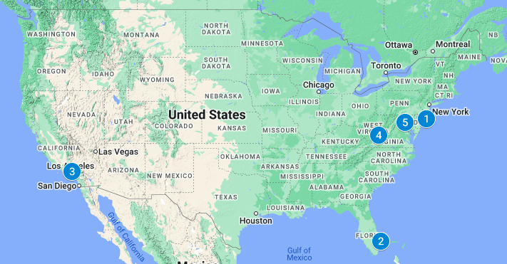 Map of the United states showing blue numbered circles at the locations of each of the places featured in this article.