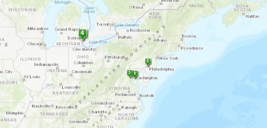 Map of US with points in Philadelphia, Dc, and Detroit.