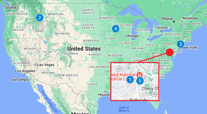 Map of the US showing blue numbered dots at the locations of the places featured in this article