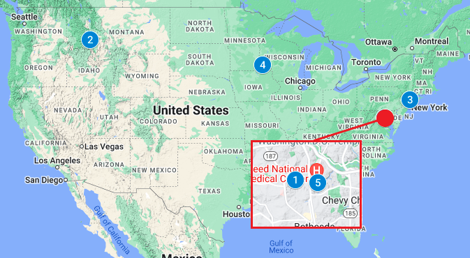 Places of Public Health map Map of the US showing blue numbered dots at the locations of the places featured in this article