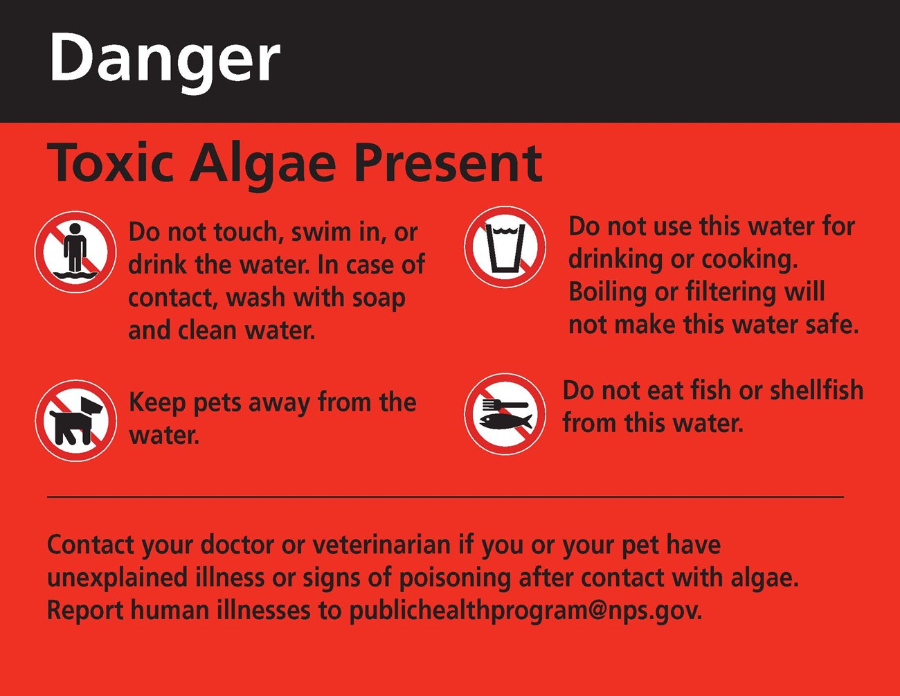 a danger sign stating that toxic algae is present