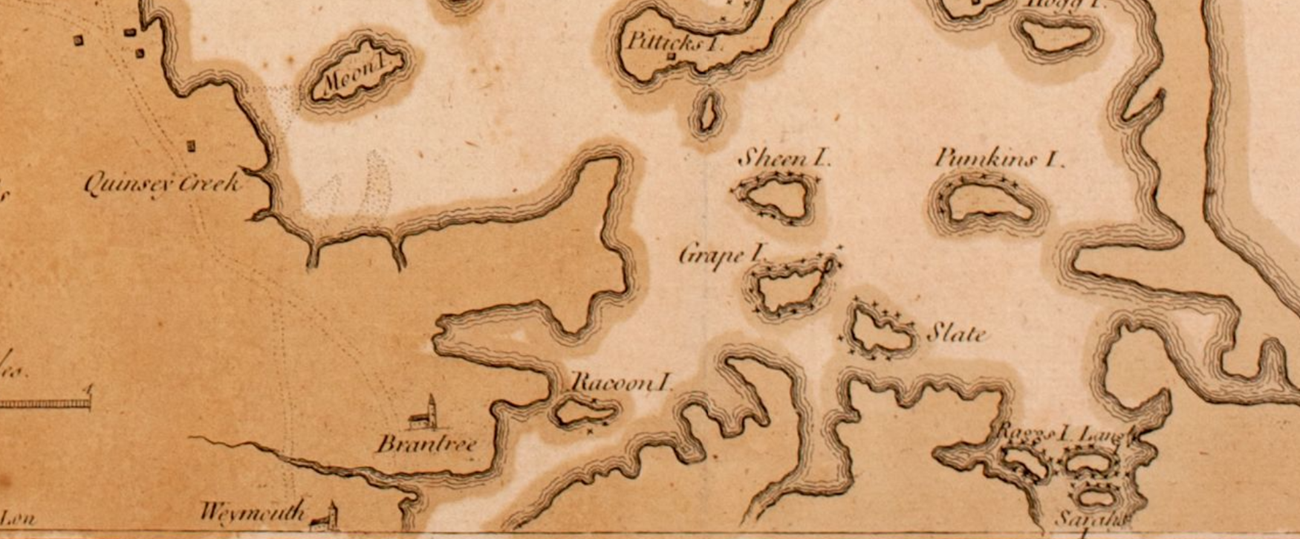 Map of Greater Boston area, with focus on Hingham Bay, Grape Island, and shoreline.