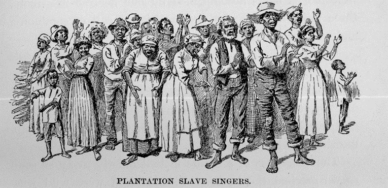 Group of enslaved African Americans standing and singing songs.