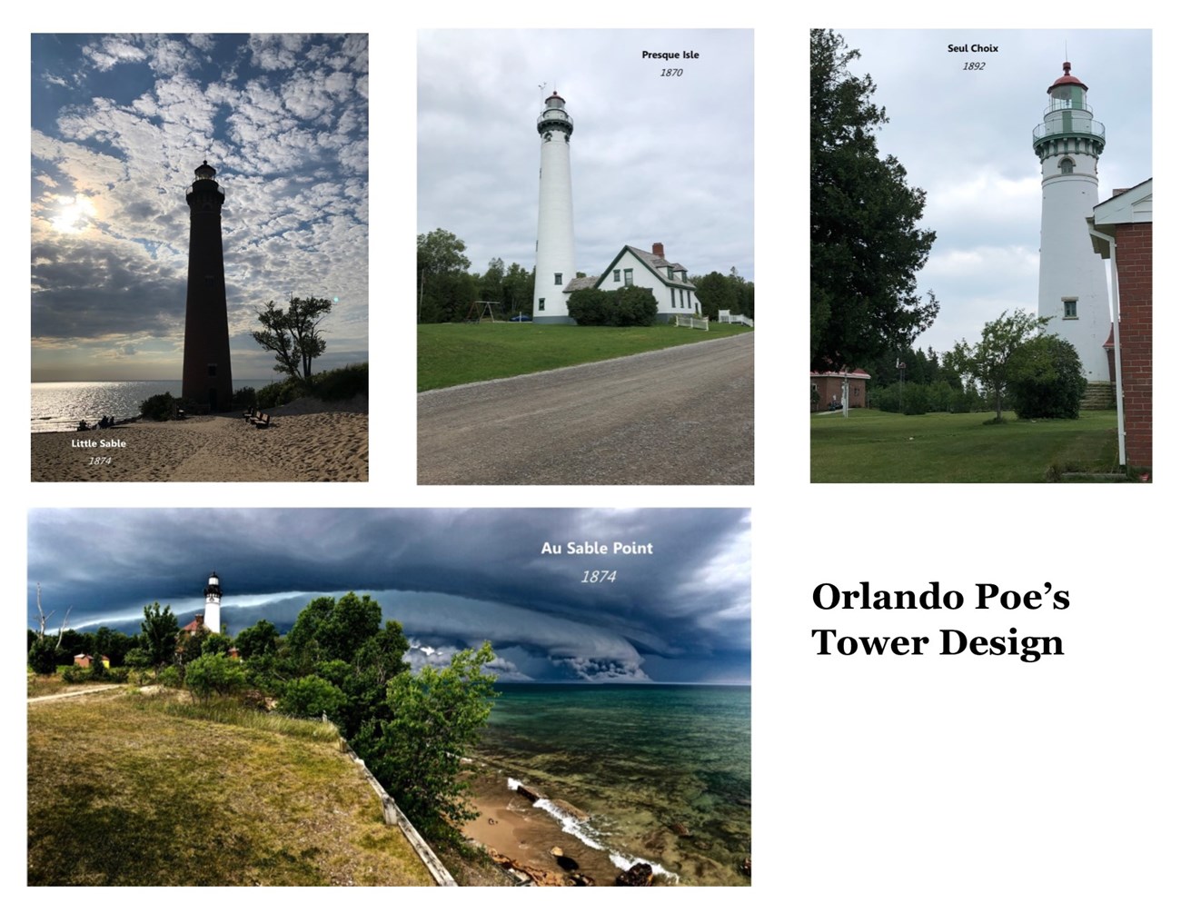 Four lighthouse photographs displaying towers built from the Orlando Poe engineering design.
