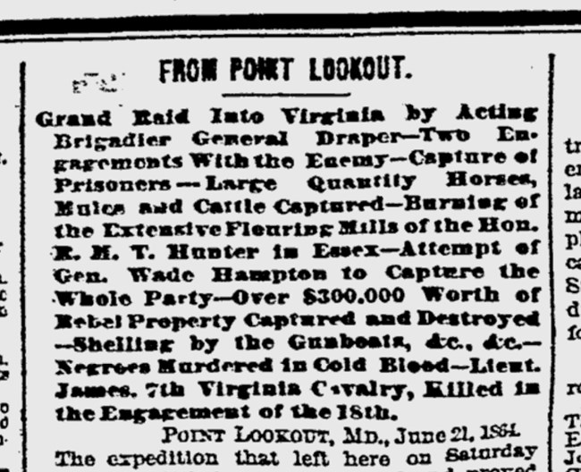A news paper clipping, digitized, with title, from Point Lookout