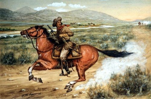 Pony Express Rider A watercolor painting of a man on horseback.