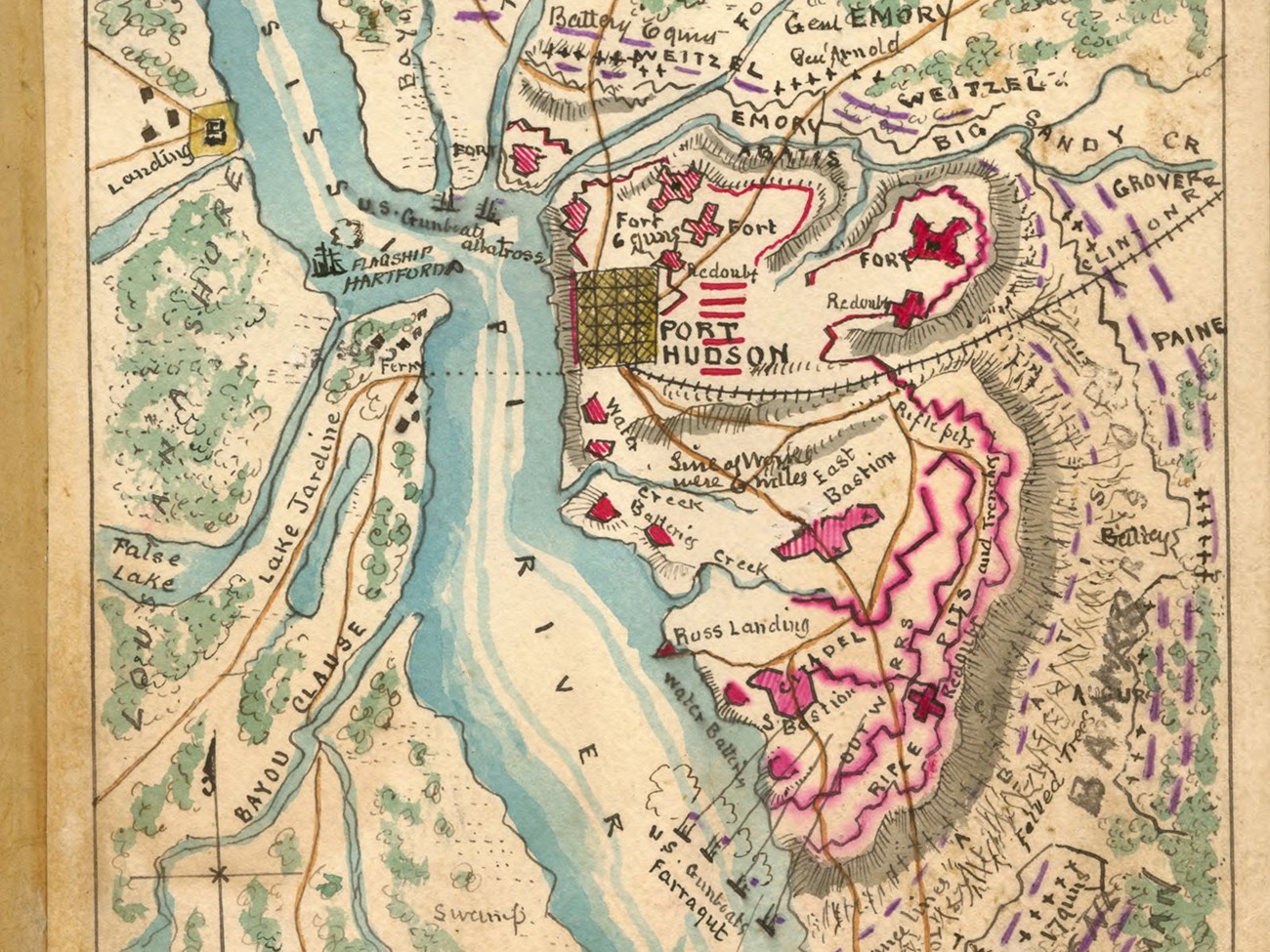 Port Hudson, Louisiana hand-drawn map of battle engagement at fort on river, lines denoting each side's movement draw in pink and purple