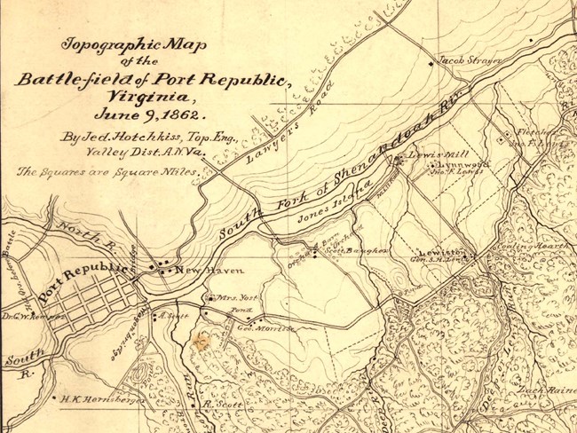 Topographic map of the battlefield of Port Republic, Virginia, June 9, 1862 Hand-drawn map of battlefield with grid lines of town of Port Republic and squiggly line of south fork of Shenandoah River crossing diagonally from left to right.
