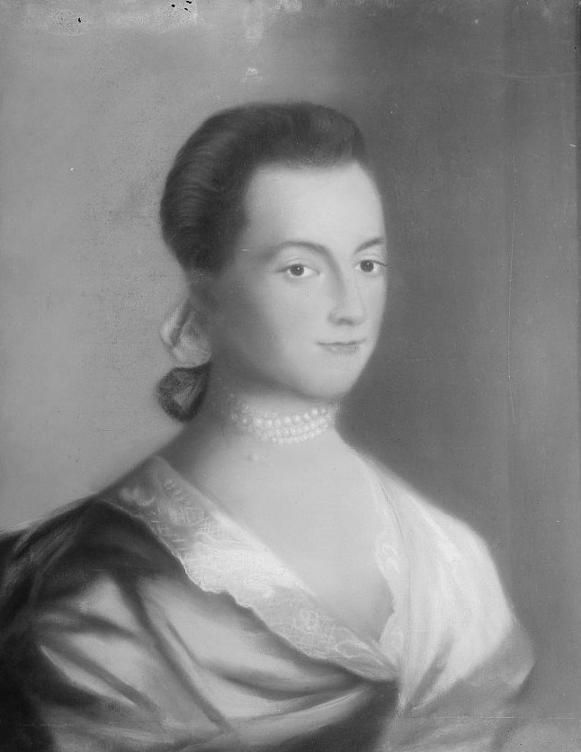 a young abigail adams wearing a dressing and pearl necklace