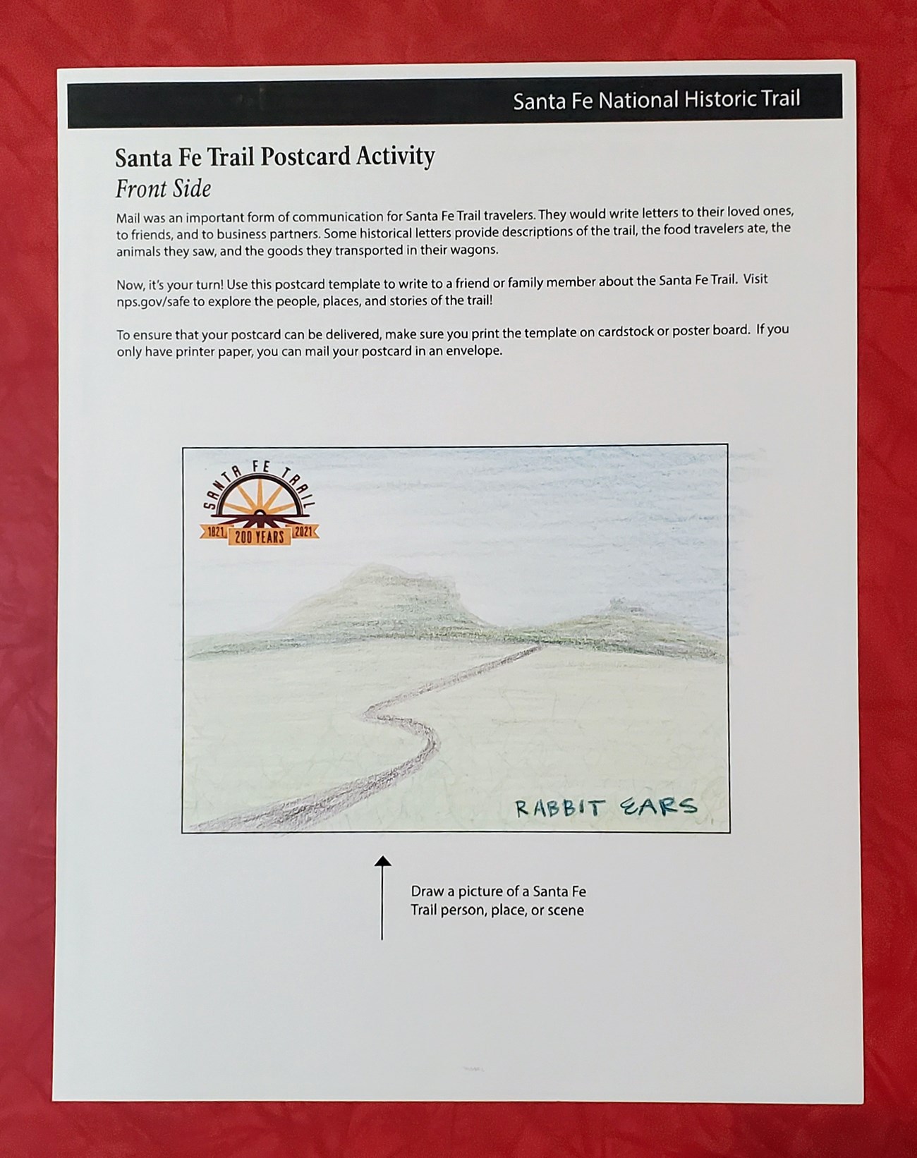 Santa Fe Trail Postcard Activity - Drawn Template Drawing of a mountain on a postcard activity
