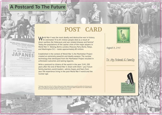 An exhibit panel with an image of a postcard.