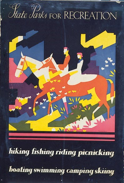 black poster featuring two people on horses riding through a pink, yellow, blue and green landscape. "State Parks for Recreation" above in white. "biking, fishing, riding, picnicking, boating, swimming, camping, skiing" underneath.