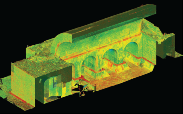 Powder Magazine Point Cloud Color image of an assembled point cloud showing a cut-away section through large masonry building with very thick walls and an arcade with a barrel vault roof overhead.