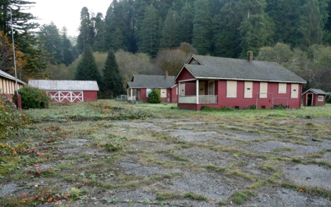 Wooden fish hatchery buildings in the background and paved surface in the foreground.