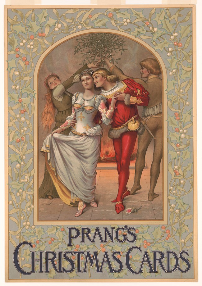 Prang's Christmas Cards A Victorian Christmas card featuring two people surrounded by holly
