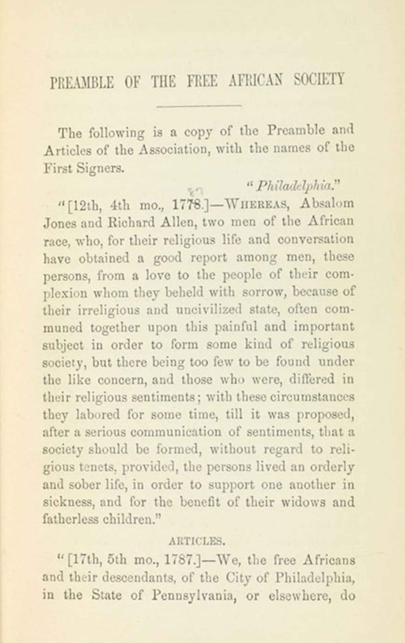 Printed page with the heading "Preamble of the Free African Society"