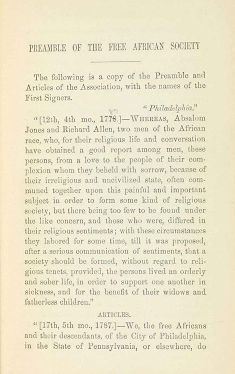 Printed page with the heading "Preamble of the Free African Society" Printed page with the heading "Preamble of the Free African Society"