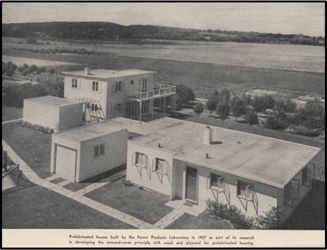 Prefabricated homes built by the Forest Products Laboratory in 1937. Prefabricated homes built by the Forest Products Laboratory in 1937.