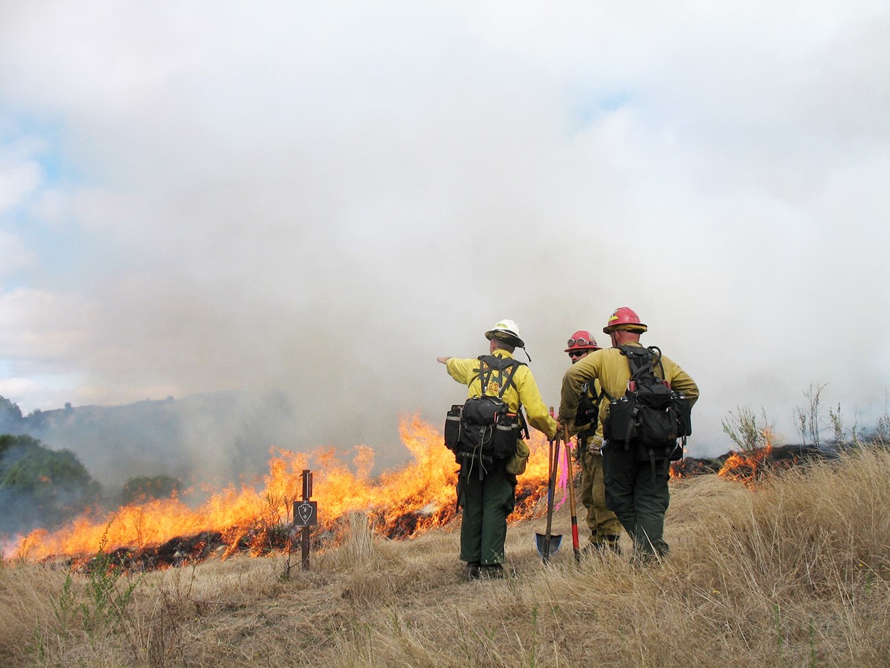 Three fire crew members monitoring a prescribed fire.