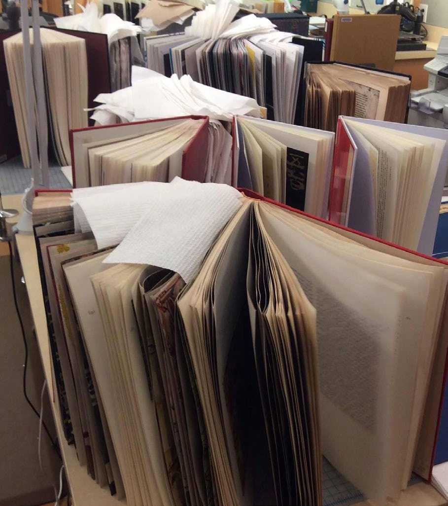 A photograph shows how paper towels are placed in between pages of a book standing on its end with pages slightly fanned out. A photograph shows how paper towels are placed in between pages of a book standing on its end with pages slightly fanned out.