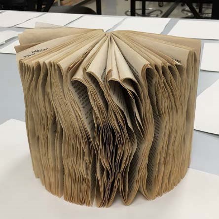 This series of photographs starts by showing how a wet book appears after being dried; the pages are extremely curled and warped and the book cannot be shut. This series of photographs starts by showing how a wet book appears after being dried; the pages are extremely curled and warped and the book cannot be shut.