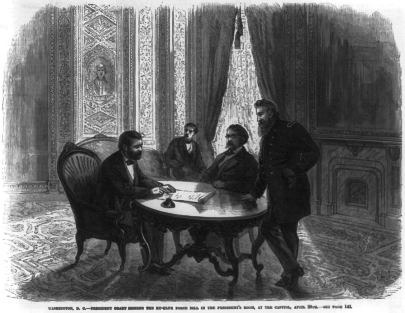 Four men sitting around a table in the White House as President Grant signs a piece of paper.
