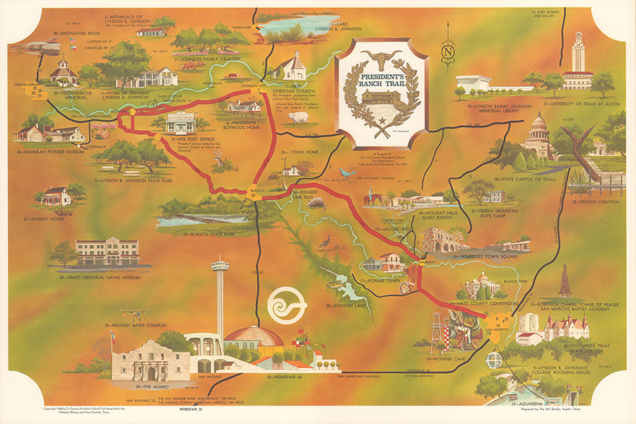 Aged looking map with graphic drawings of major sights in central Texas associated with President Johnson.