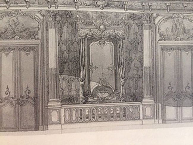 An engraved illustration of a bedroom.