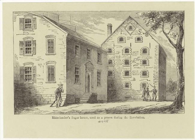 Sketch of a large building with soldiers gathered around