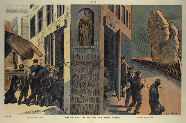 A cartoon depicting a mass of people being ushered into a penitentiary by a giant hand labeled "Law", and slowly leaving the penitentiary to the same massive hand above a sign that says "ex convicts not wanted.