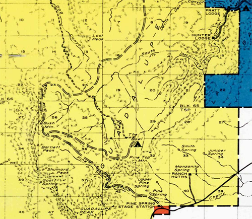 A map shows dashed lines highlighting possible road routes into the Guadalupe Mountains