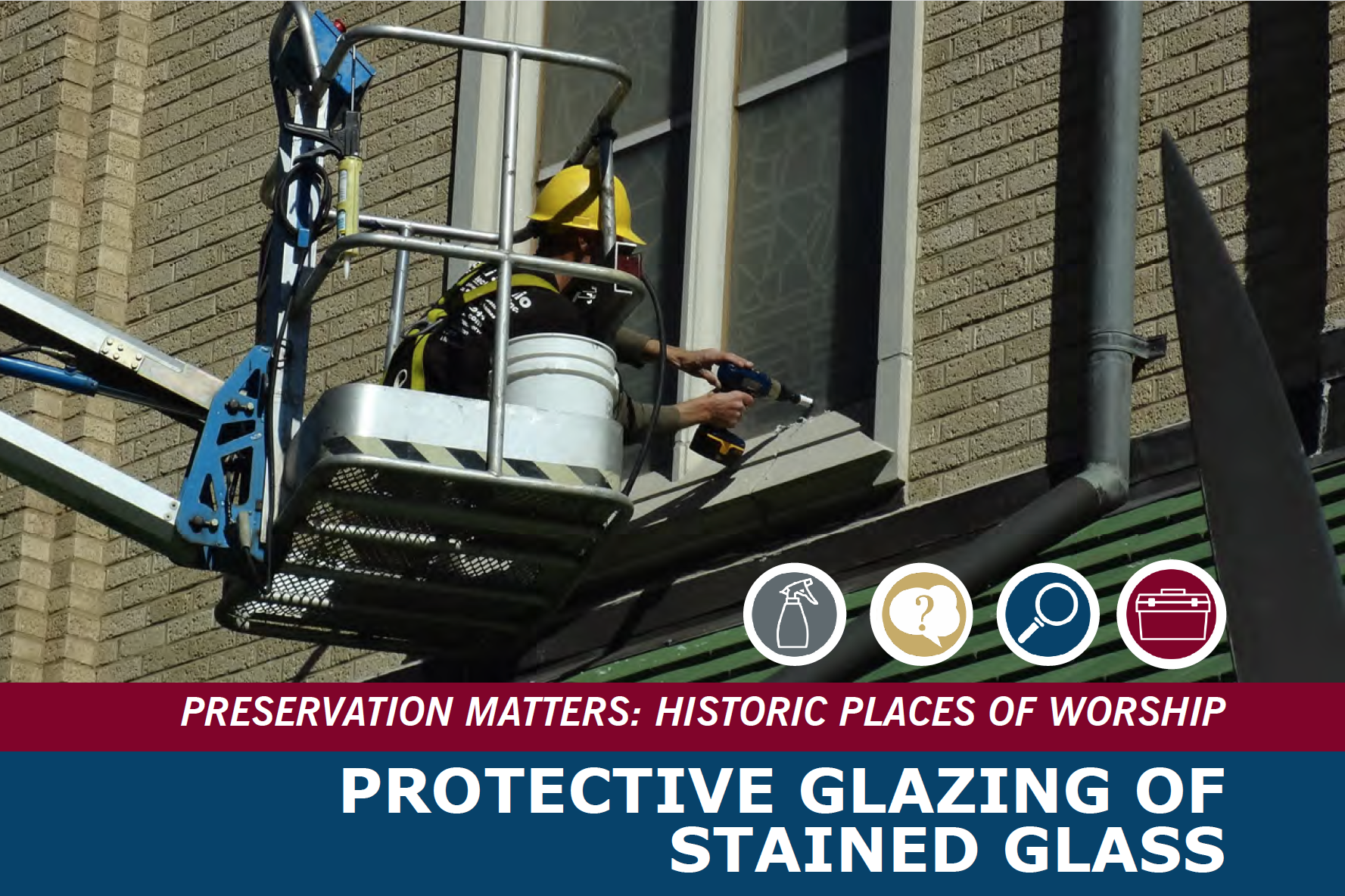 Applying Protective Glazing A person on a lift applies glazing to second story windows.