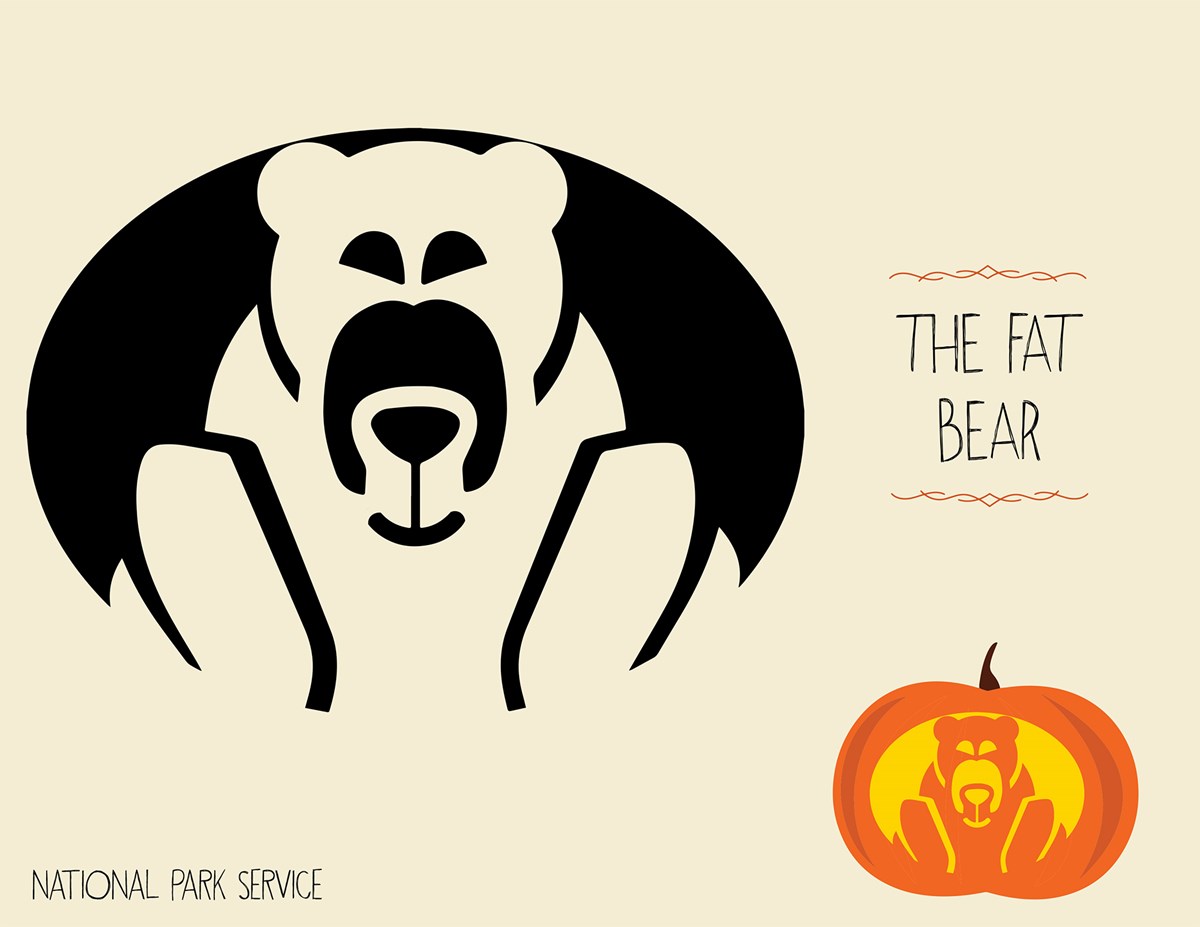 Graphic for a pumpkin carving activity with a stencil of a bear and example of it used on a jack o' lantern. Text reads "The Fat Bear. National Park Service."