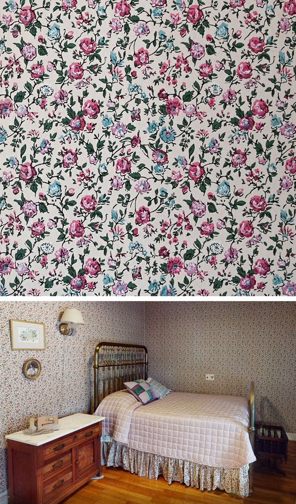 Two photos showing a bedroom with purple floral wallpaper and a close view of the paper.