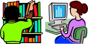 Illustrations of people researching in library