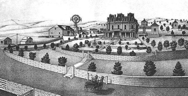 Lithograph of Spring Hill Ranch, circa 1880s