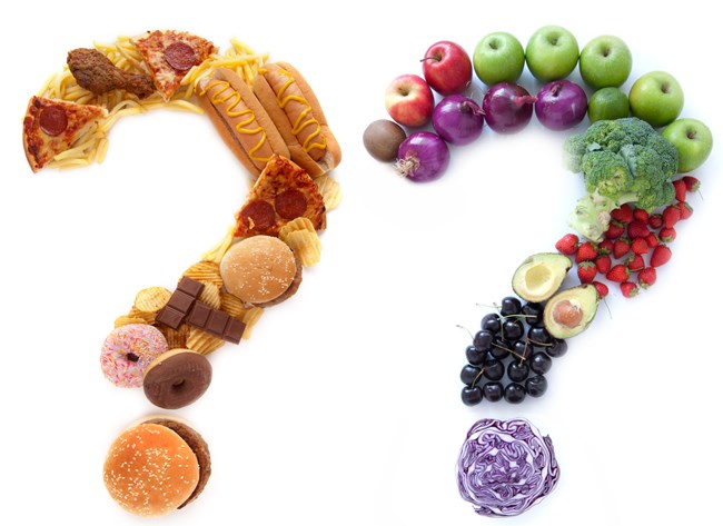 A variety of food types are arranged in two question marks on a white background A variety of food types are arranged in two question marks on a white background