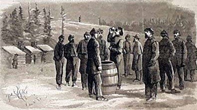 Sketch of about 12 men who stand around a barrel outside. One man drinks from a cup near the barrel.