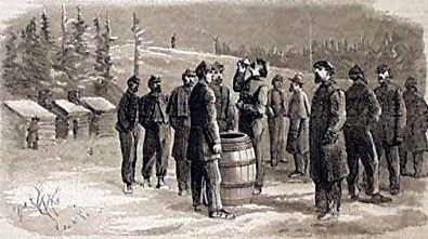 Quinine Rations Sketch of about 12 men who stand around a barrel outside. One man drinks from a cup near the barrel.