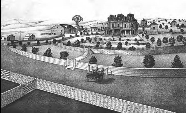 Lithograph of Spring Hill Ranch, circa 1880s