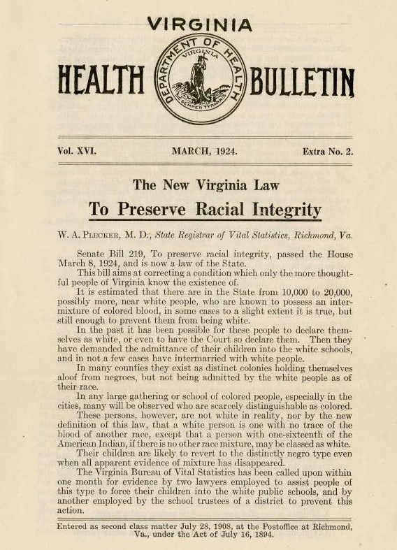 Scan of a 1924 bulletin from the Virginia Department of Health detailing the new Racial Integrity Act