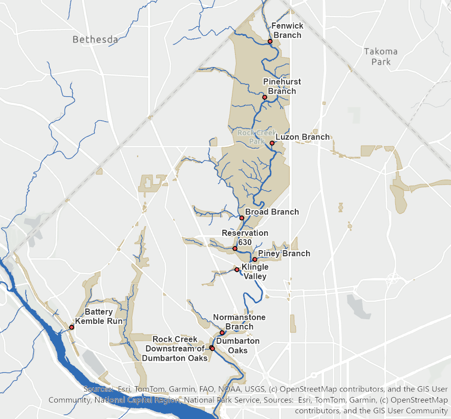 Map showing location of biological stream survey sites and rivers and streams at Rock Creek Park.