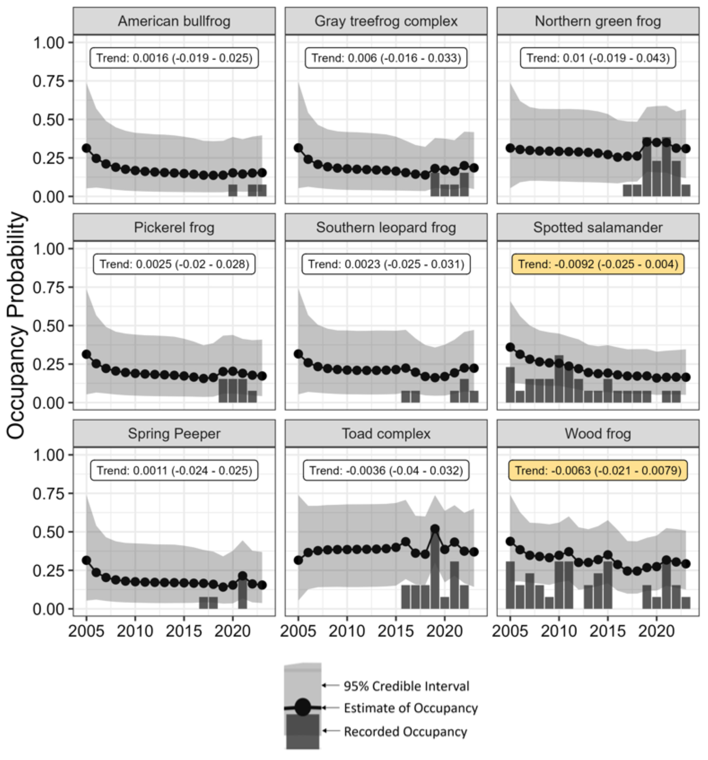 Graphs showing occupancy data for each wetland amphibian species at Rock Creek over the years 2015-2023