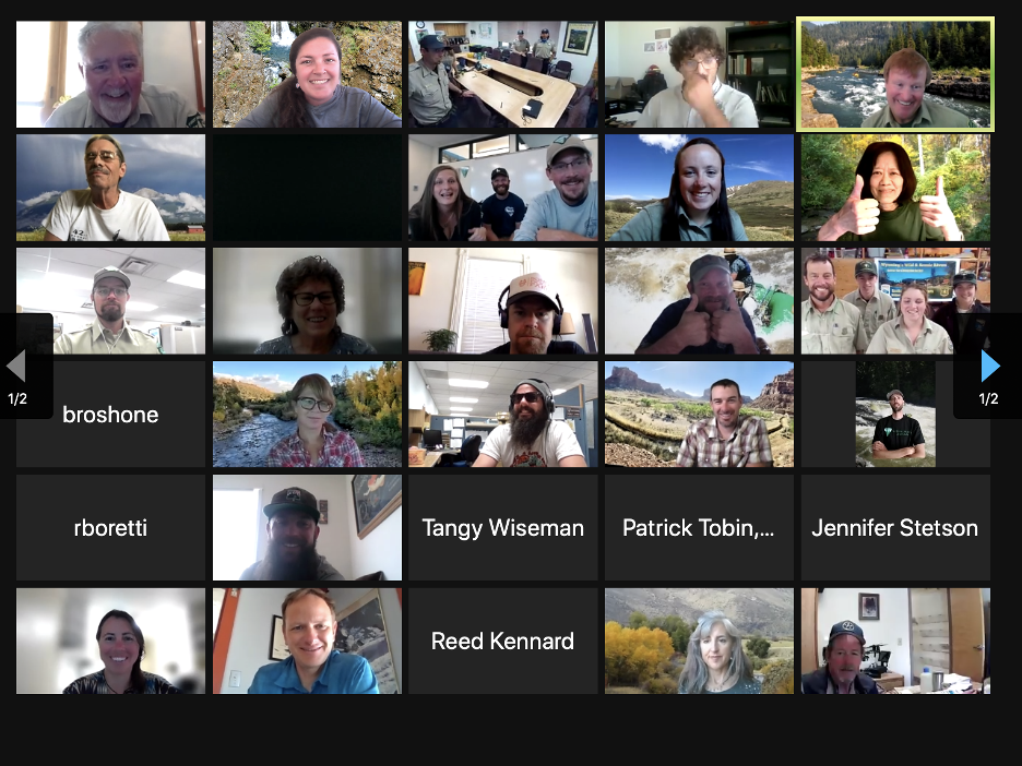 A snapshot of a virtual meeting with 30 thumbnails of the meeting participants